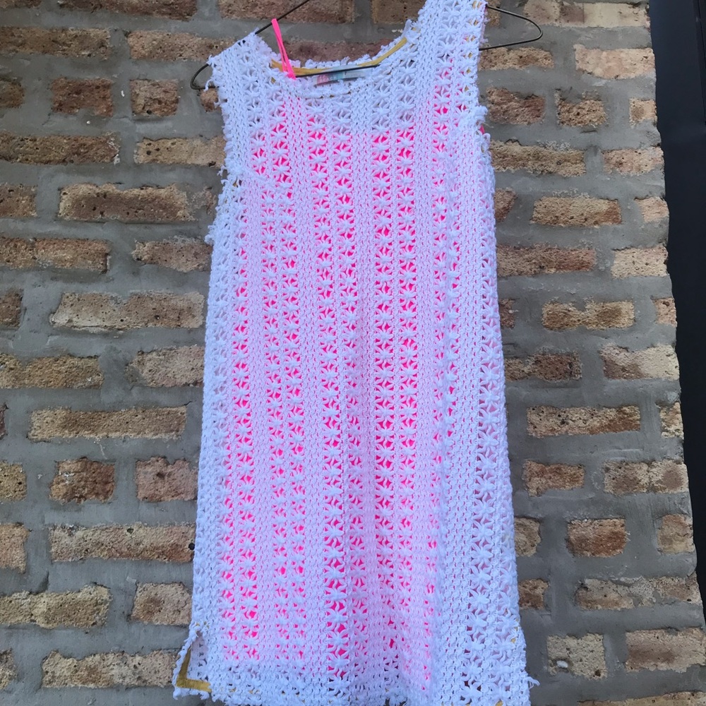 Free people white crochet dress with pink slip